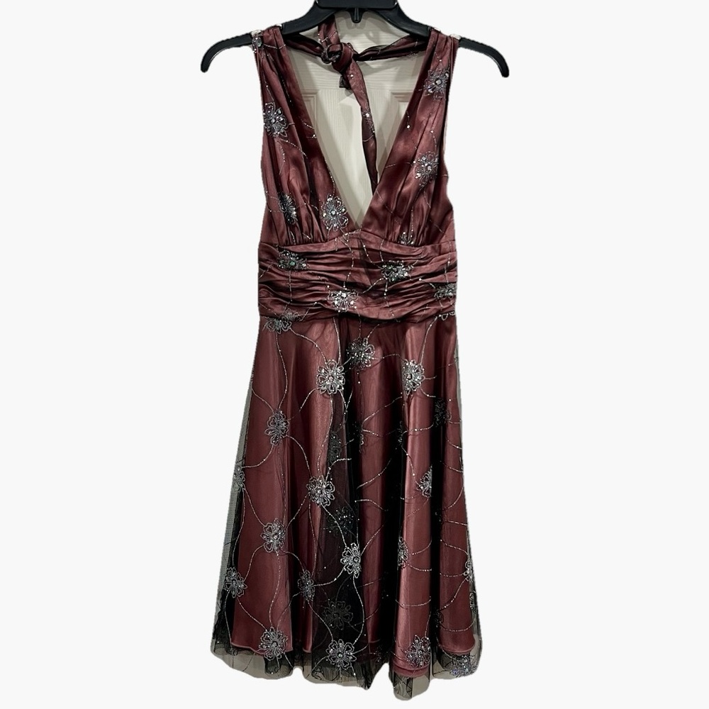 Adrianna Papell Mesh Halter Swing Dress Black Maroon Silver Glitter Floral 6P